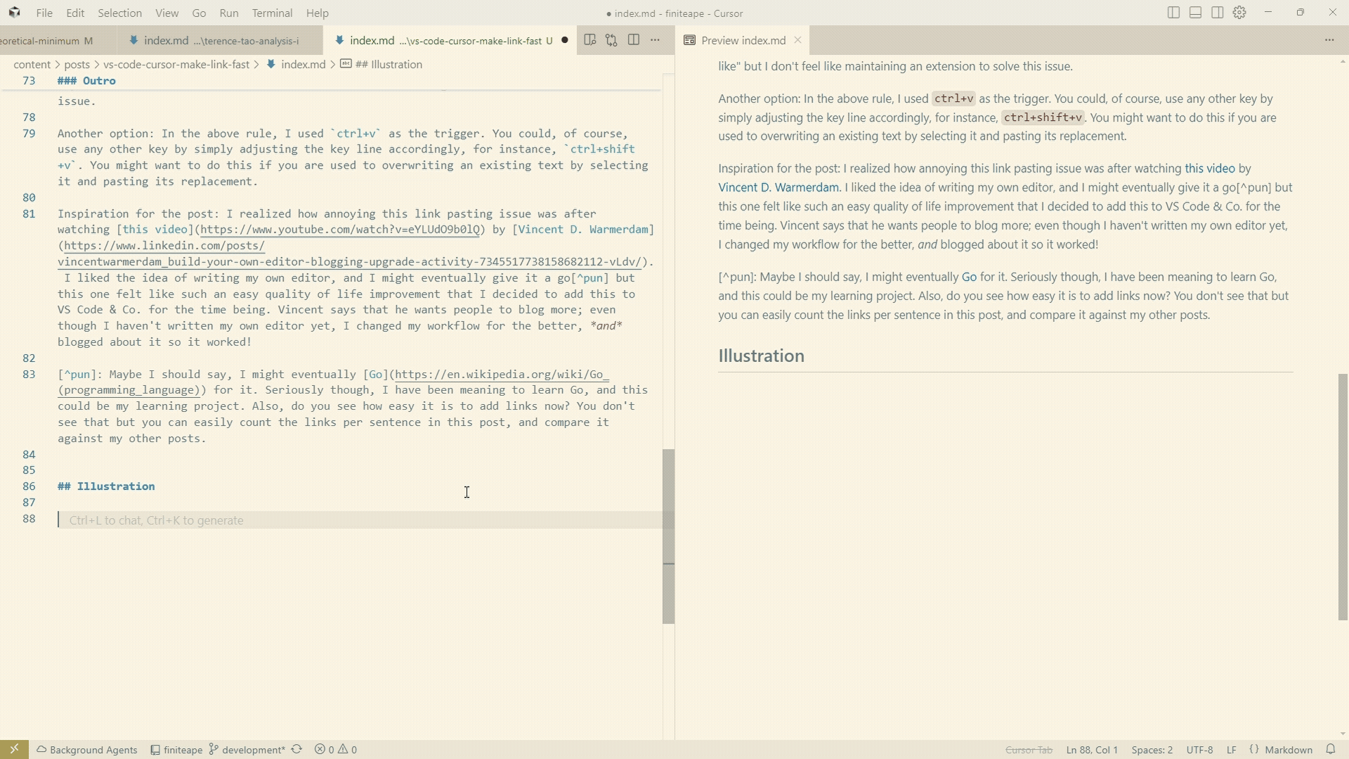 Demo of the keybinding creating a markdown link from selected text and a clipboard URL